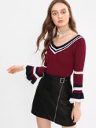 Romwe Fluted Sleeve Contrast Striped Trim Knit Tee