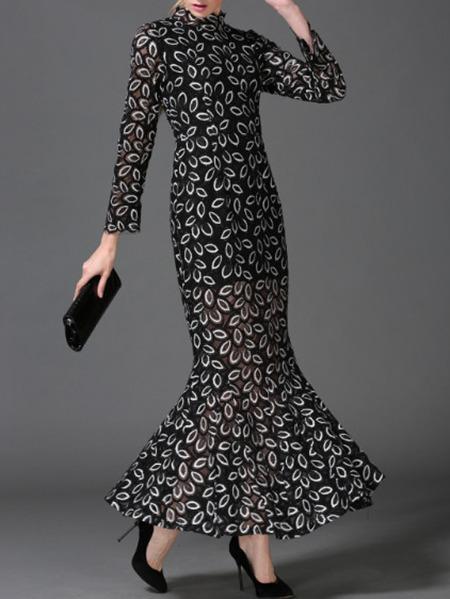 Romwe Black Collar Long Sleeve Fishtail Lace Dress