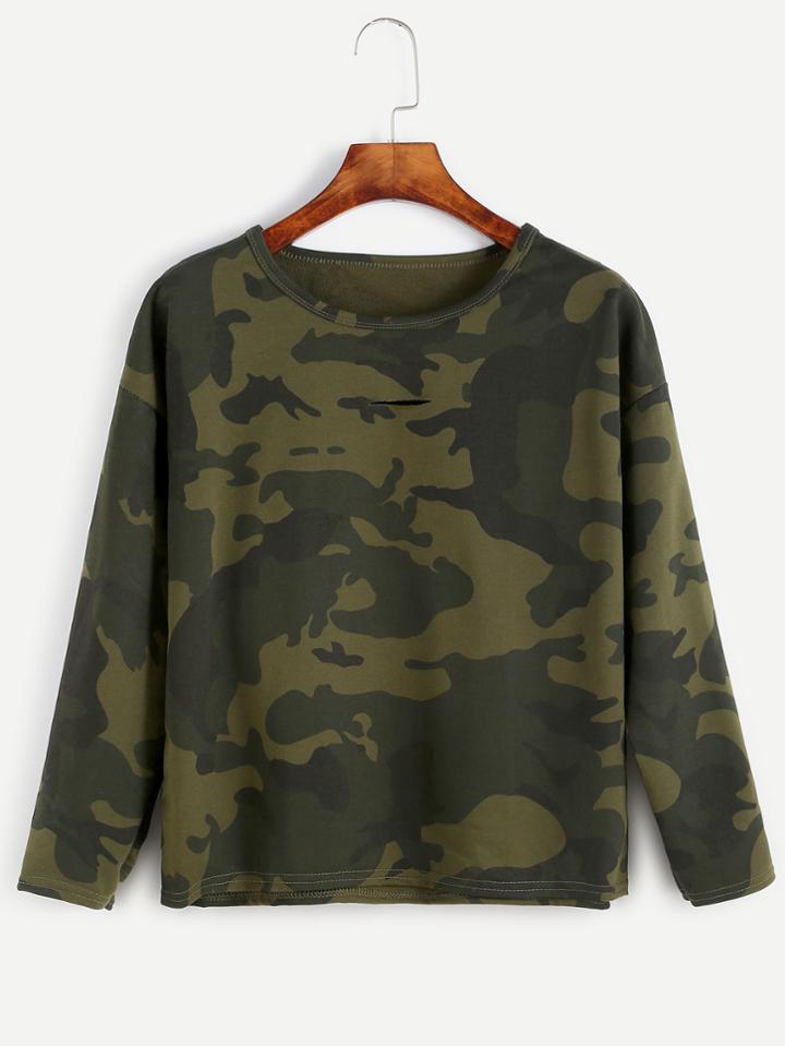 Romwe Camo Print Cut Out Dropped Shoulder Seam T-shirt