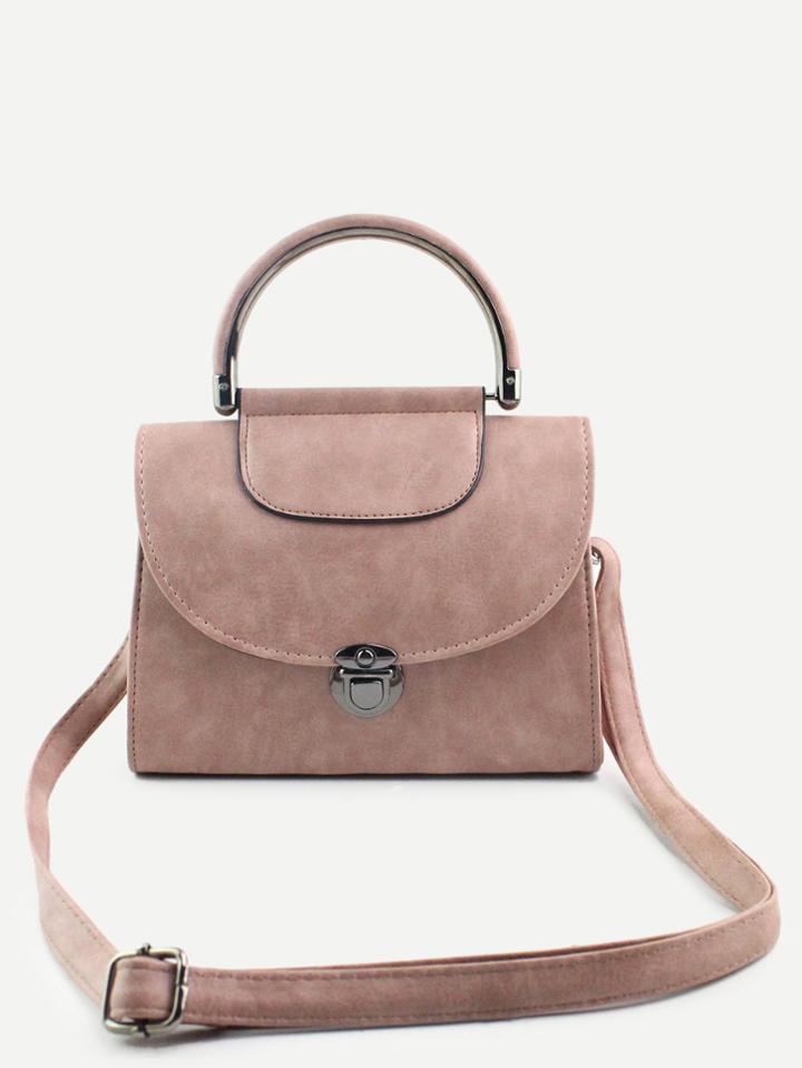 Romwe Pink Pu Pushlock Closure Flap Handbag With Strap
