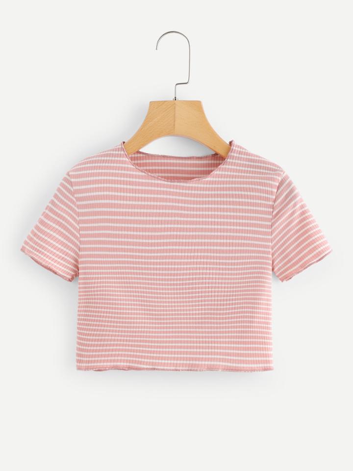 Romwe Lettuce Trim Striped Ribbed Crop Tee