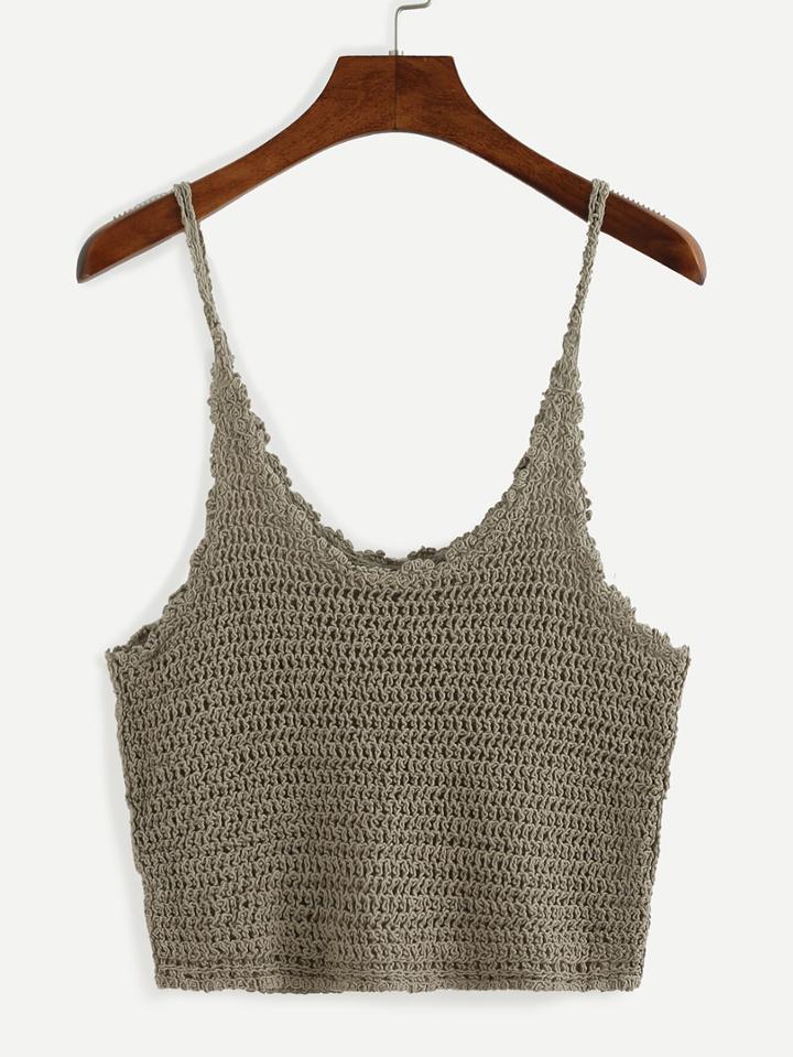 Romwe Crop Crochet Cami Top - Khaki