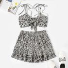 Romwe Knot Strap Allover Flower Top & Ruffle Shorts Set