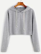Romwe Pale Grey Drawstring Hooded Crop Sweatshirt