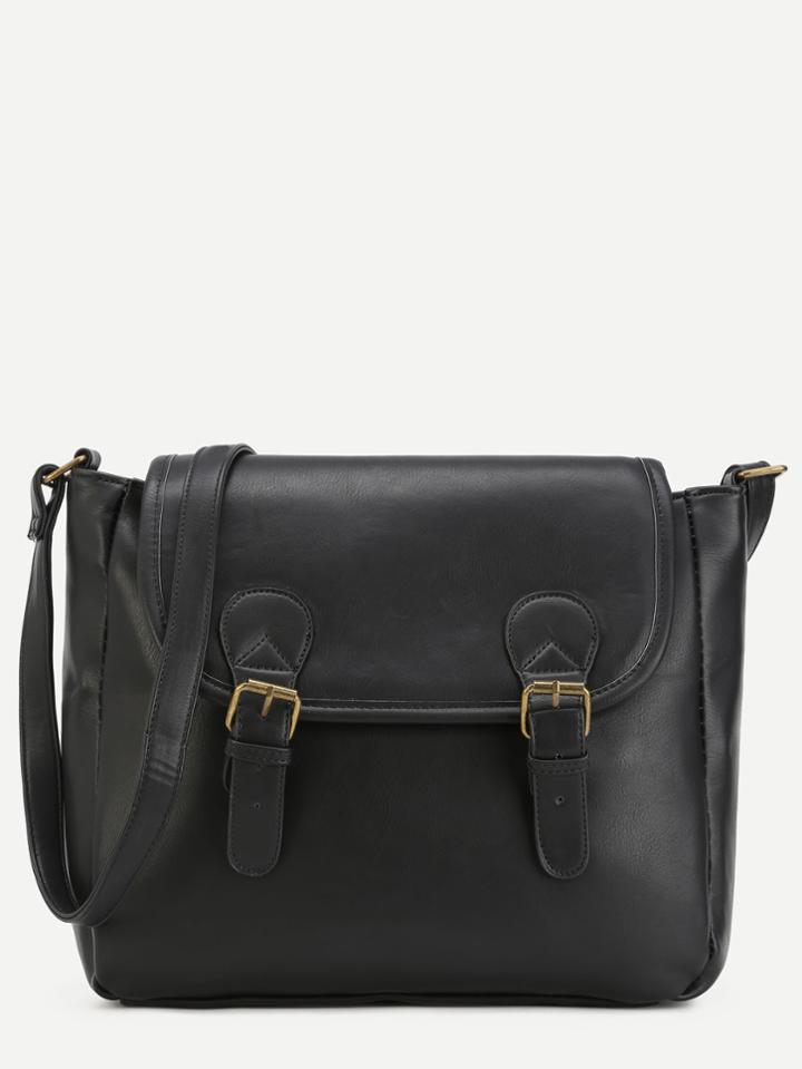 Romwe Black Pu Double Buckle Flap Shoulder Bag