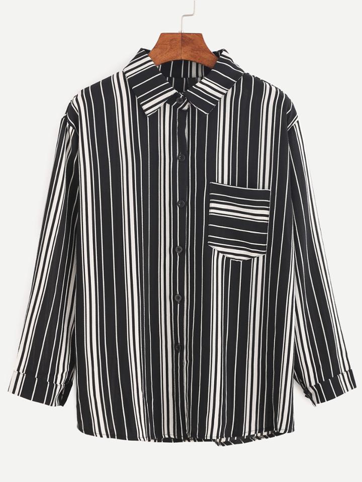 Romwe Black White Vertical Striped Pocket Chiffon Blouse