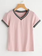 Romwe Varsity Striped V-neck T-shirt