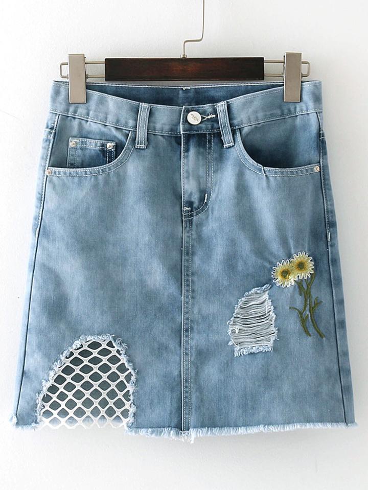 Romwe Contrast Mesh Ripped Detail Denim Skirt