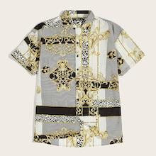 Romwe Guys Retro Flower Print Mixed Striped Shirt