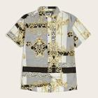 Romwe Guys Retro Flower Print Mixed Striped Shirt