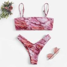 Romwe Marble Print Bandeau With High Leg Bikini Set