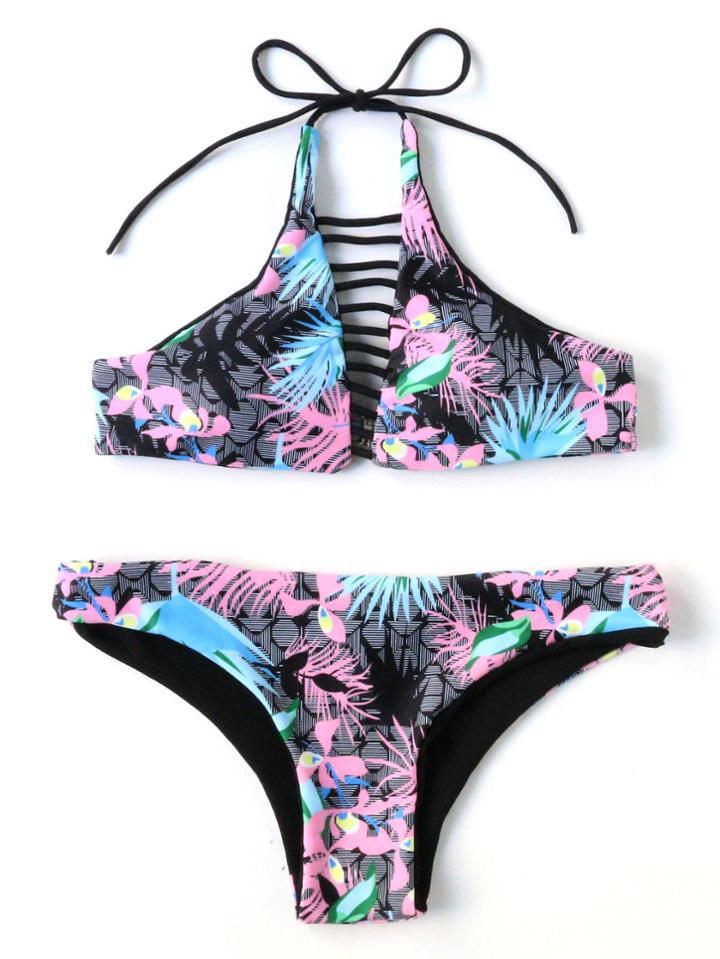 Romwe Black Floral Ladder Cutout Bikini Set