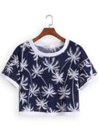 Romwe Blue Short Sleeve Leaves Print Crop T-shirt