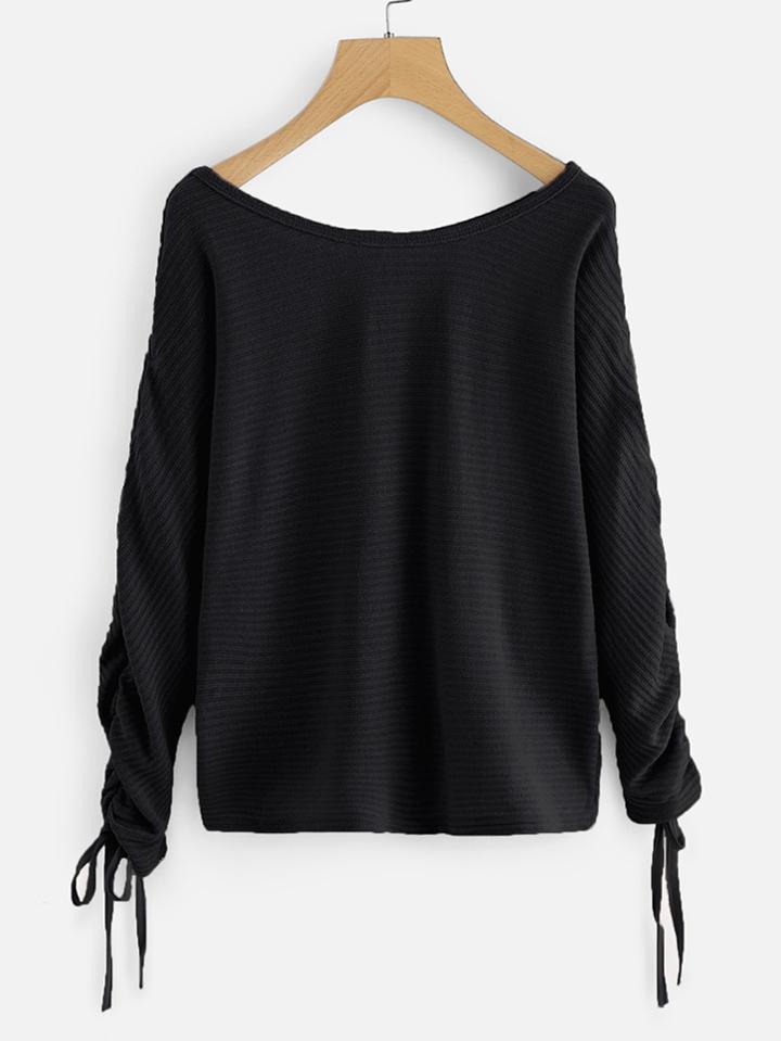 Romwe Drawstring Cuff Ribbed Knit Sweater