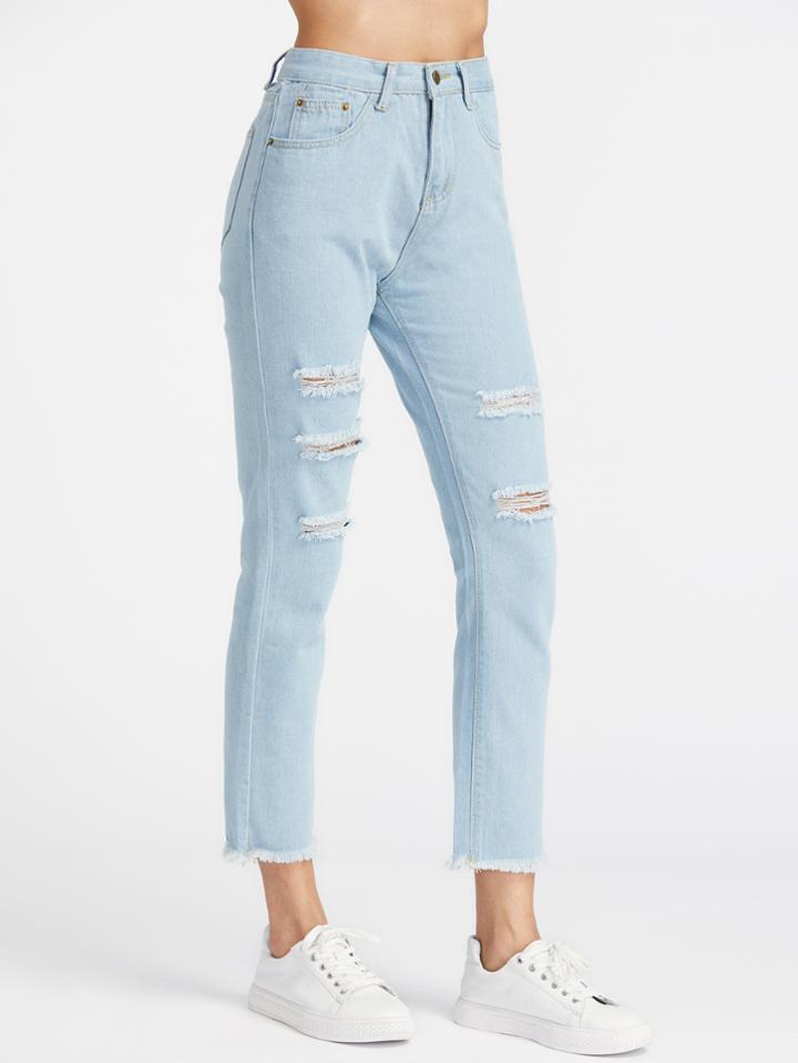 Romwe Blue Ripped Raw Hem Cropped Jeans