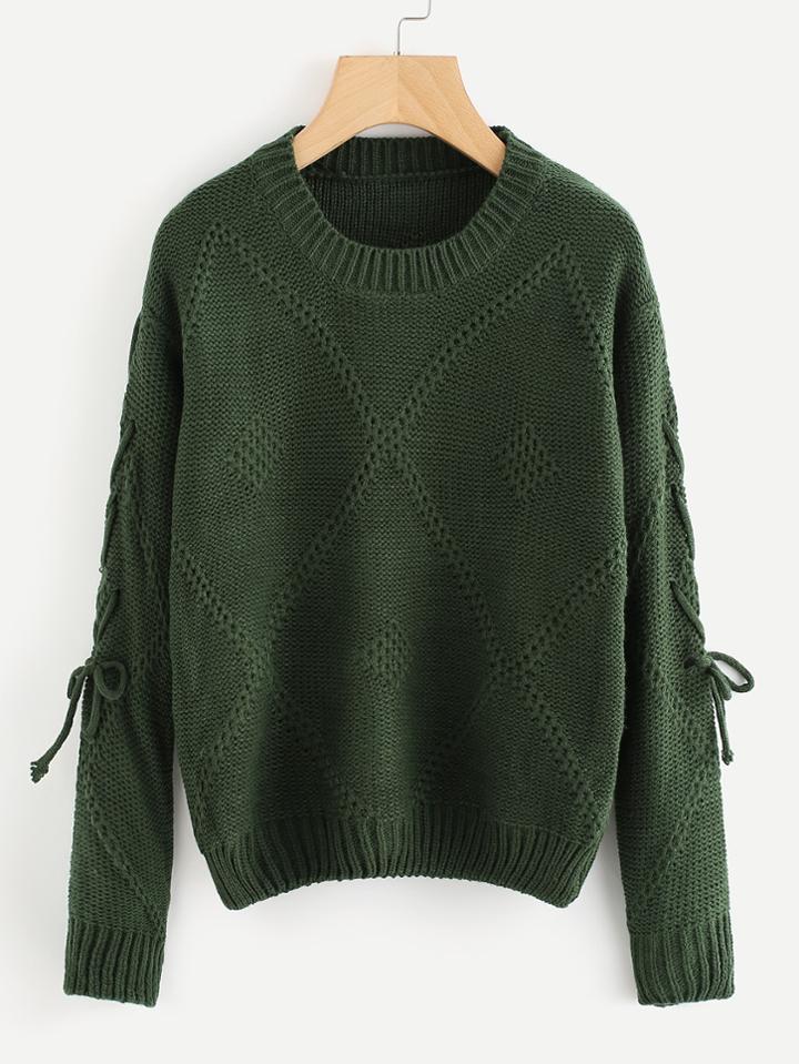 Romwe Lace Up Sleeve Mixed Knit Sweater