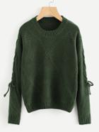 Romwe Lace Up Sleeve Mixed Knit Sweater
