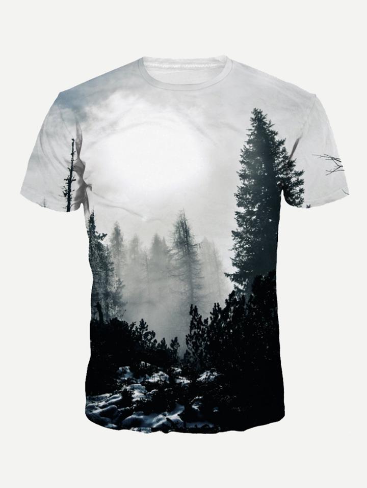 Romwe Men Forest Print Tee