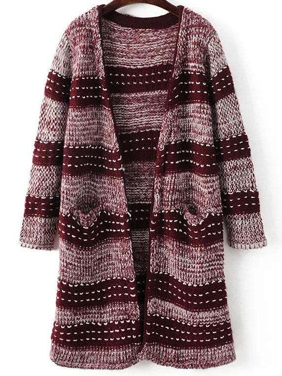 Romwe Red Stripped Collarless Long Sweater Coat With Pockets