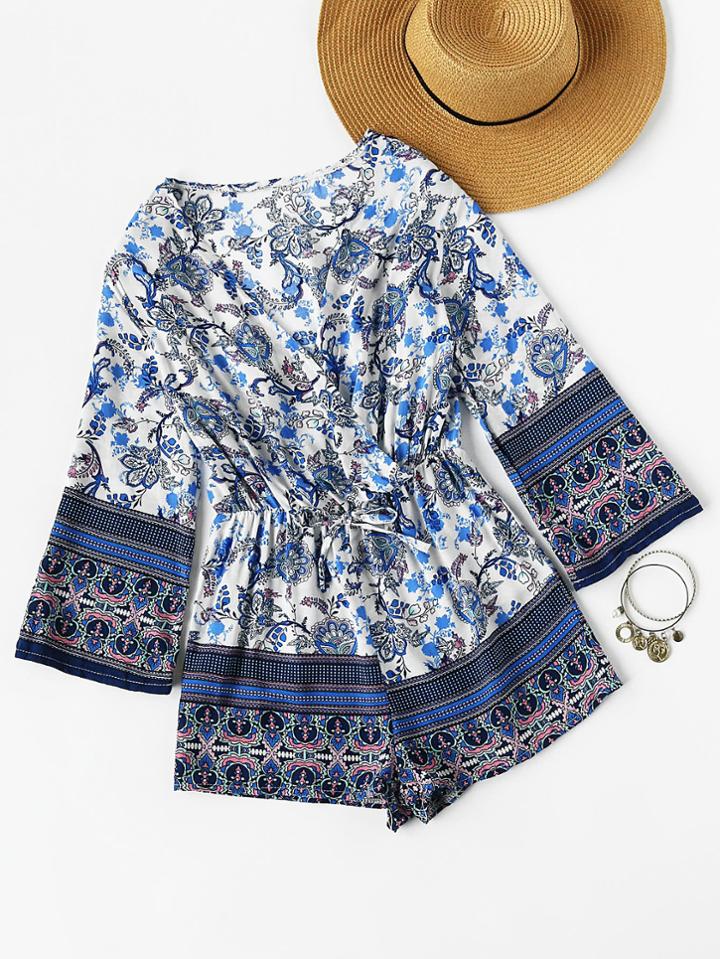 Romwe Allover Printed Random Wrap Front Drawstring Romper