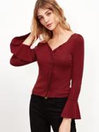 Romwe Burgundy V Neck Bell Sleeve Ruffle T-shirt