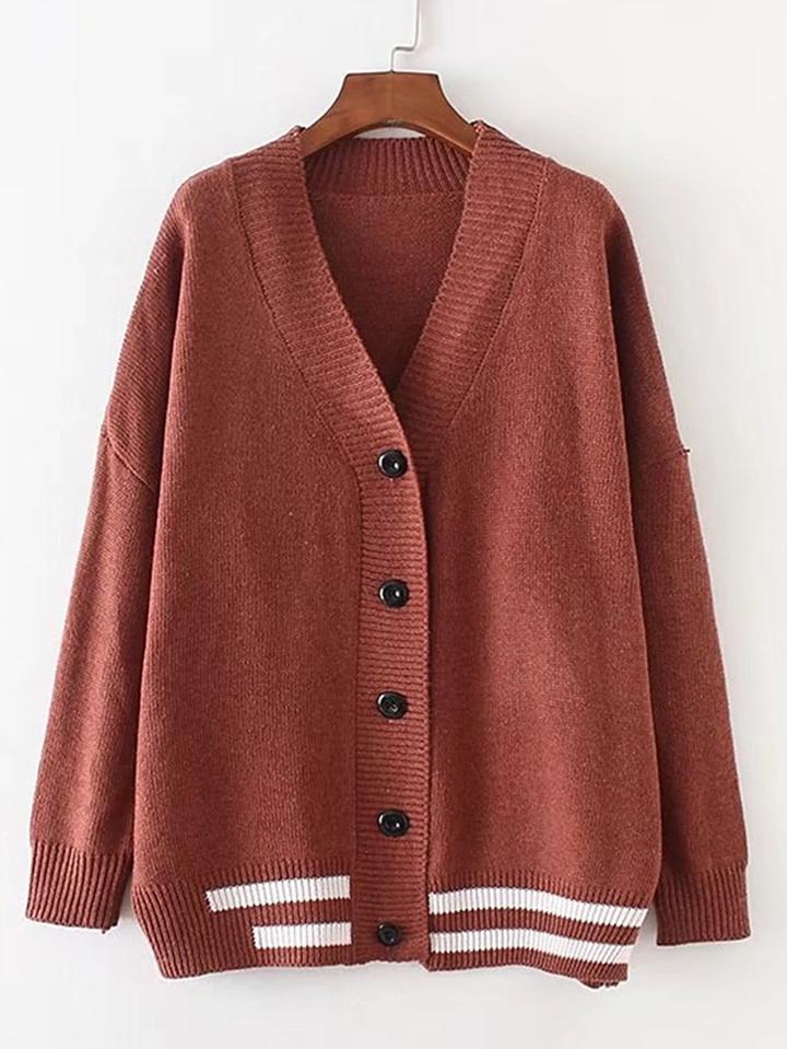Romwe Drop Shoulder Seam Striped Trim Cardigan
