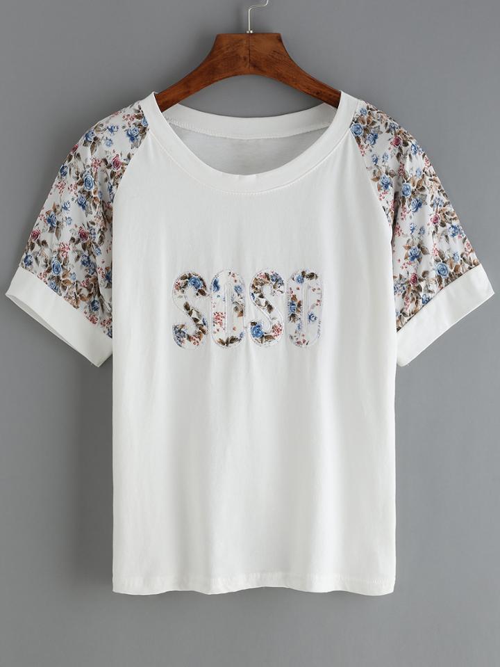 Romwe Raglan Sleeve Florals T-shirt