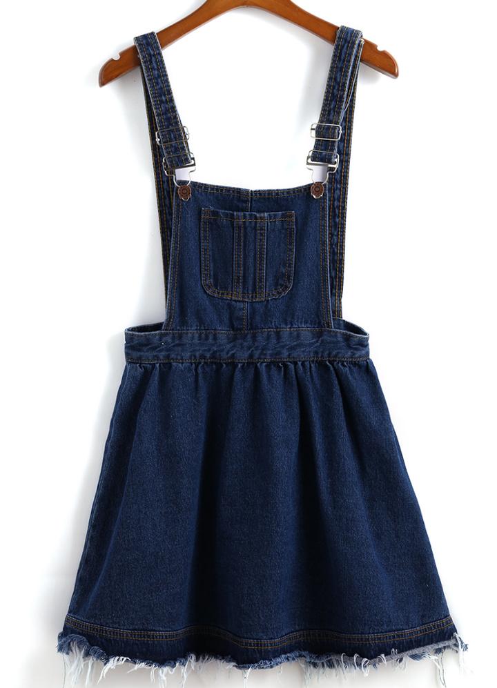 Romwe Strap With Pocket Fringe Denim Navy Dress