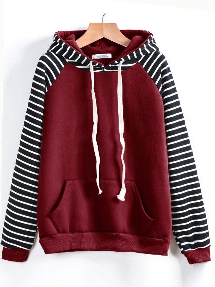Romwe Contrast Striped Raglan Sleeve Hooded Pocket Sweatshirt