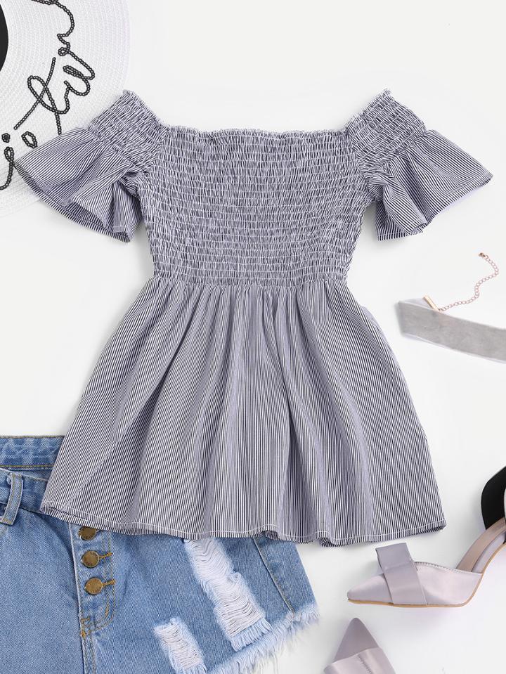 Romwe Smocked Bodice Bell Sleeve Striped Top