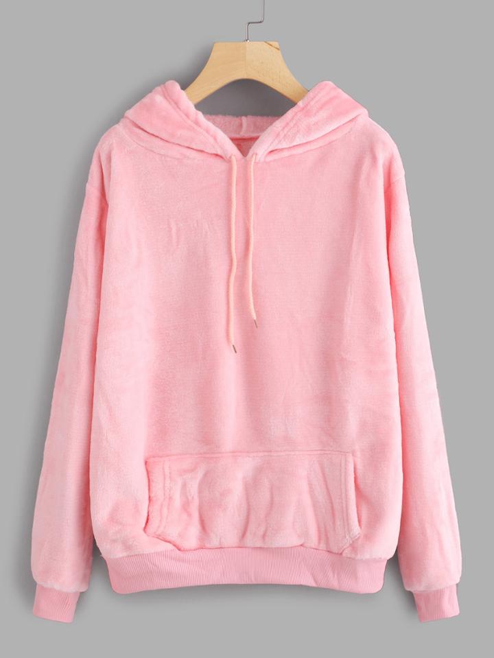 Romwe Kangaroo Pocket Drawstring Velvet Hoodie