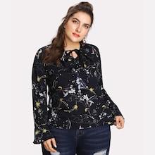 Romwe Plus Botanical Print Ruffle Blouse