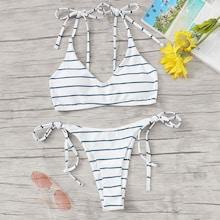 Romwe Striped Tie Shoulder Top With Tie Side Bikini
