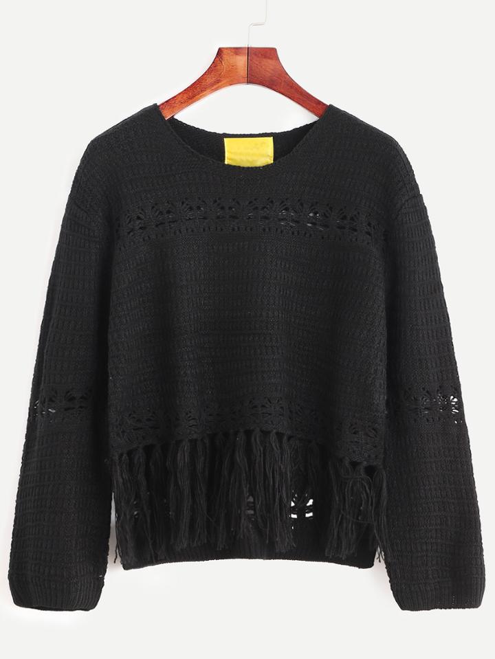 Romwe Black Hollow Out Fringe Hem Sweater