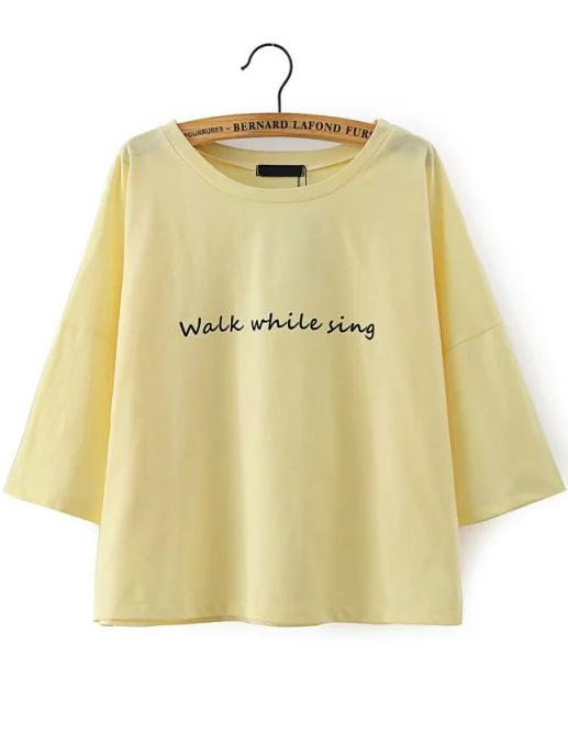 Romwe Letters Print Loose Yellow T-shirt