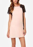 Romwe Pink Lace Short Sleeve Chiffon Slim Dress