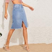 Romwe Split Front Frayed Edge Denim Skirt