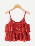 Romwe Floral Print Tiered Layer Pleated Cami Top