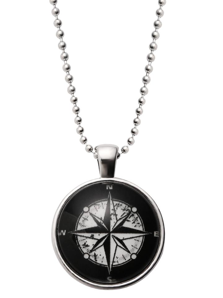 Romwe Black Compass Print Metal Beaded Necklace