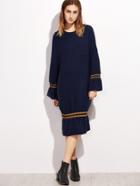 Romwe Navy Striped Trim Drop Shoulder Seam Sweater Dress