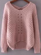 Romwe Pink V Neck High Low Sweater