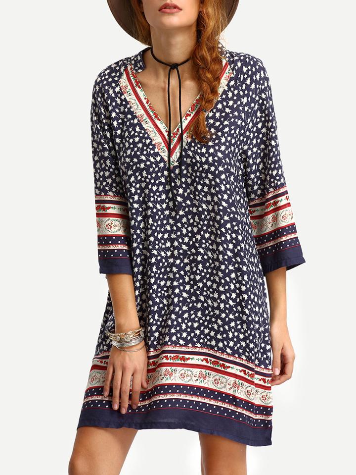 Romwe V-neck Floral Print Tunic Dress