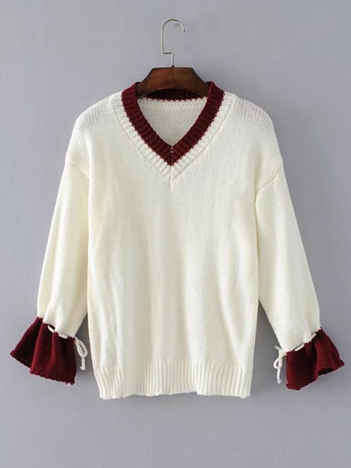 Romwe Contrast Trim Drawstring Sleeve Sweater