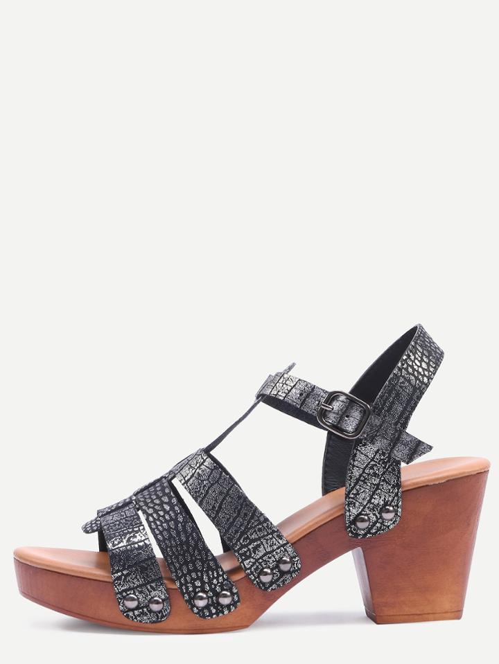 Romwe Silver Crocodie Emobossed Caged Wooden Heel Sandals