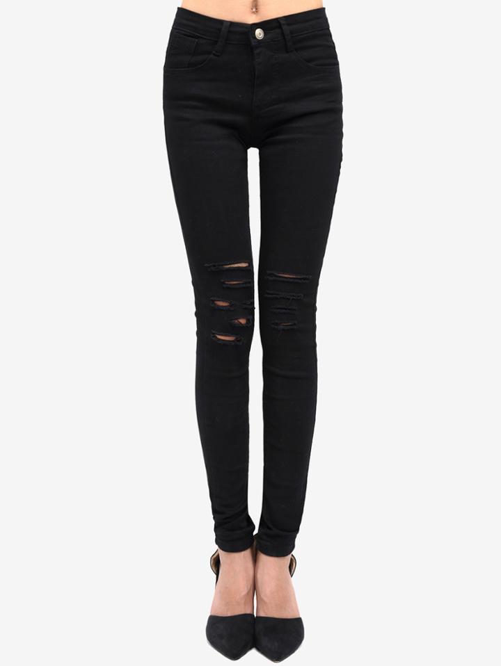 Romwe Ripped Denim Slim Black Pant