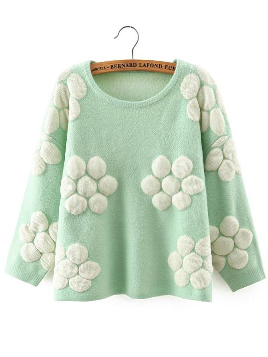 Romwe Flower Embossed Loose Green Sweater