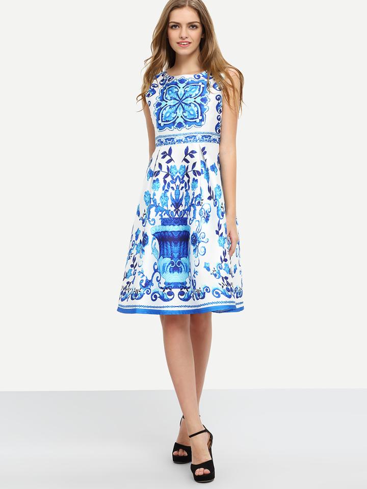 Romwe Vintage Flower Print Fit & Flare Dress