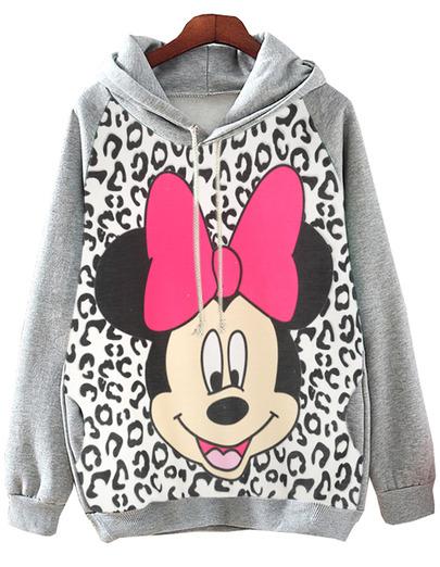 Romwe Hooded Mickey Leopard Print Grey Sweatshirt