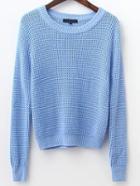 Romwe Blue Waffle Knit Ribbed Trim Sweater