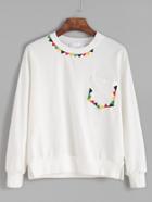 Romwe White Split Side Embroidered Pocket Sweatshirt
